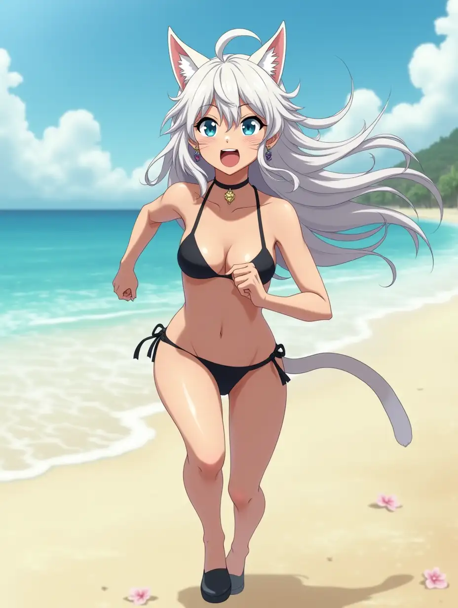 A mature adult feline/woman active running down a beach. Her 30-something years are disguised by her youthful facial features, except for her subtle wrinkles around the eyes, extremely slender body. Her ample bosom strains against her bikini, extreme cleavage.  Wearing black shoes. She has piercing blue cat eyes. A choker adorns her neck, a subtle hint at her feline nature. Her long, white hair cascades down her back like a wild waterfall, tangled and disheveled. Her cat-like teeth glint in the light, as her white fur-lined ears punctuate her visage with sparkling black and gold earring adorns each ear, adding a touch of elegance to her feline features. Cat whiskers on her face. The attached tail at the base of her spine stirs lazily.  Long fingernails. Full view. Anime.