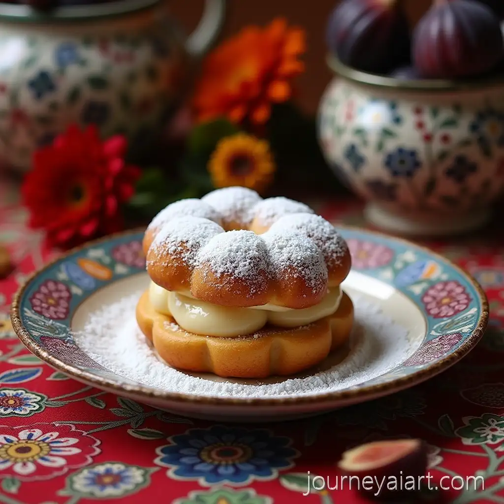 Fig-Pastry-with-Powdered-Sugar-on-Algerian-Earthenware-Plate-with-Floral-and-Dried-Fruit-Decor