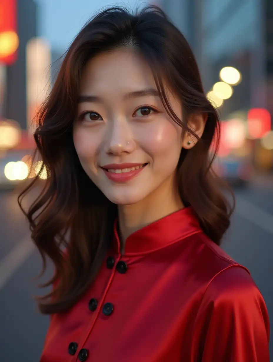 Angular shot photo, Ultra-realistic, 20 year old woman, clear pinkish complexion, peach fuzz, micro-wrinkles on the skin, Korean shaped eyes and nose, hazel eyes with amber highlights, medium brown hair, detailed eyebrow hair by hair, silk blouse with a mandarin collar in red color with black front buttons, mid-body photo, blurry background of a city at dusk in motion, natural light illuminates the face realistically. Highlights realism.