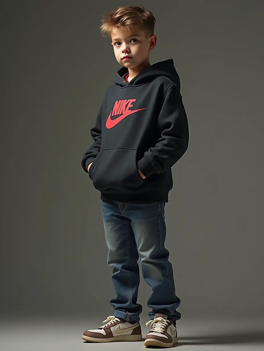 Young boy 16 years old in jeans and hoodie, Nike sneakers, cologne