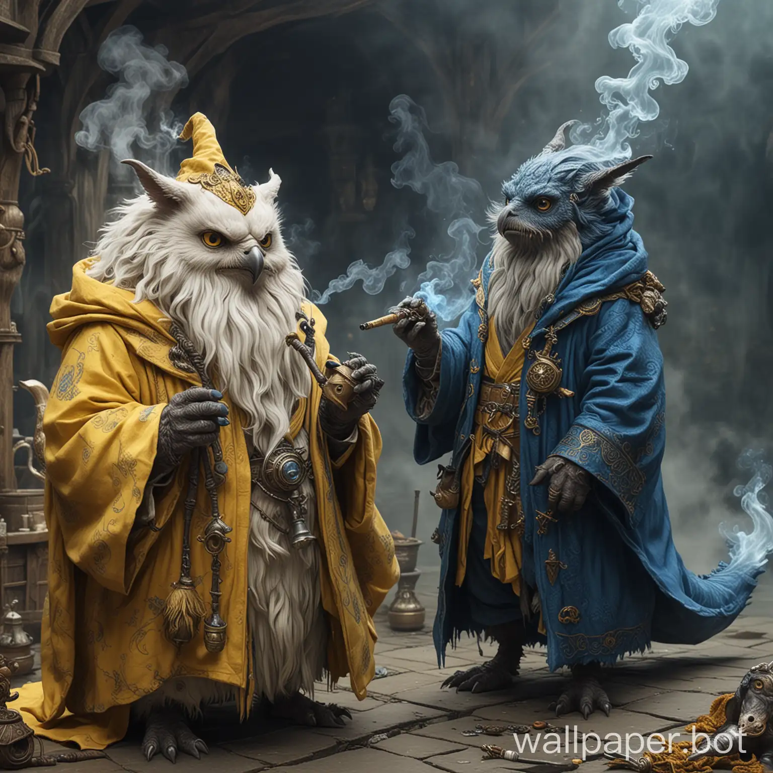 two wizards, one is a whale and the other is an owlbeast, both smoking from a pipe, both are wearing robes, the owlbeast's robe is yellow and the whale's robe is blue, with a pet dog and a pet cat in the background