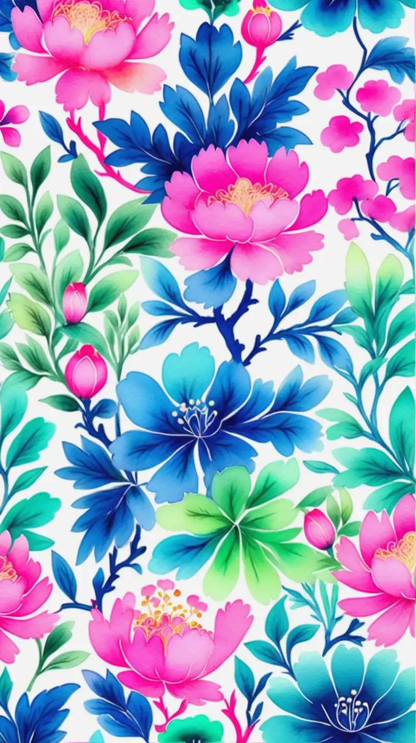 Chinoiserie Pattern in Bright Neon Colors Pink Green Blue Watercolor Style