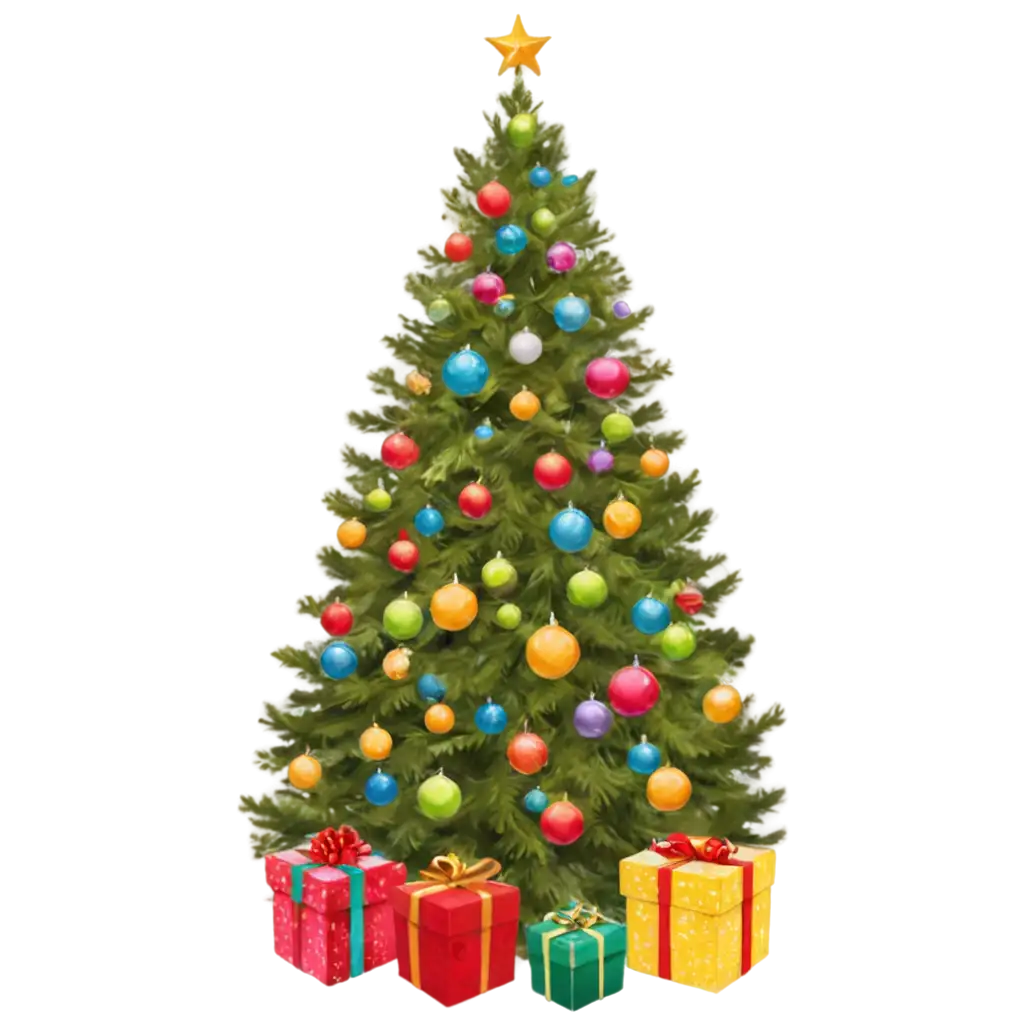 Create an image of a beautifully decorated Christmas tree with sparkling lights, colorful ornaments, and a star on top. The tree should be lush and full, with pine needles visible, and surrounded by wrapped gifts at the base