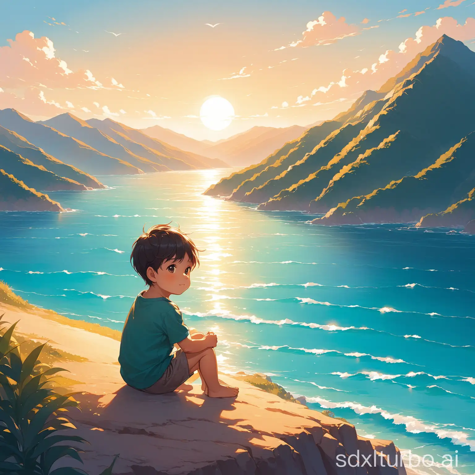 Young-Boy-Sitting-Between-Majestic-Mountains-and-Serene-Sea