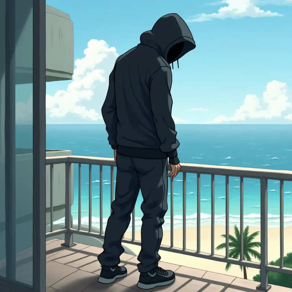 a guy in a hoodie, hood on, can't see his face, the shadow covers it completely, wearing street wear, Like a rap star, All in black, He is standing on a ledge, the ledge is a railing from a hotel room, the room is overlooking the beach, behind him you can see the beach, he is playfully balancing, It's a stunt, a prank,  They style must be in anime, sharp colours, art style like Dandadan