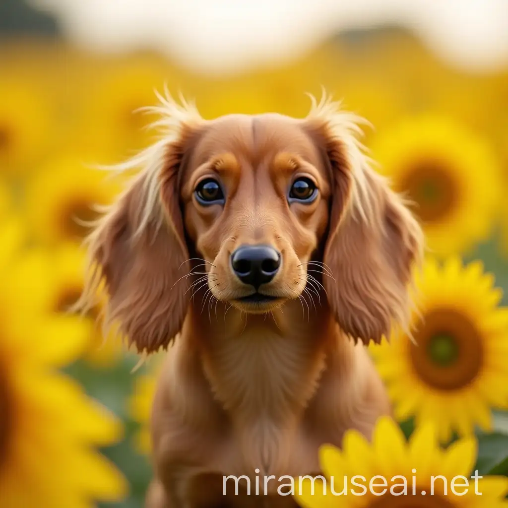 Long Haired Dachshund Dog in Sunflower Field with Yellow Glitter