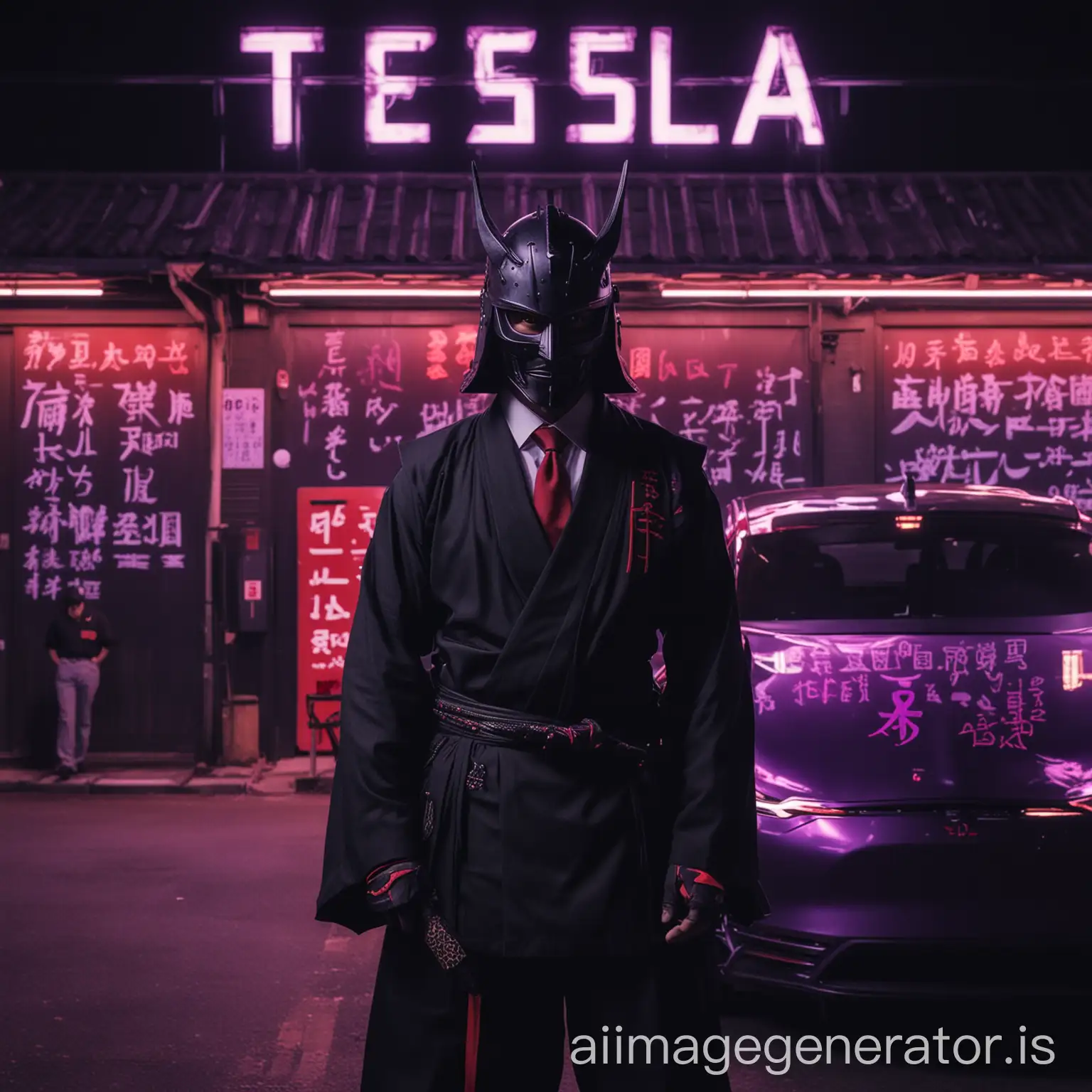 Samurai-in-Black-Matte-Costume-with-Tesla-Ronin-Kaminari-at-NeonLit-Port