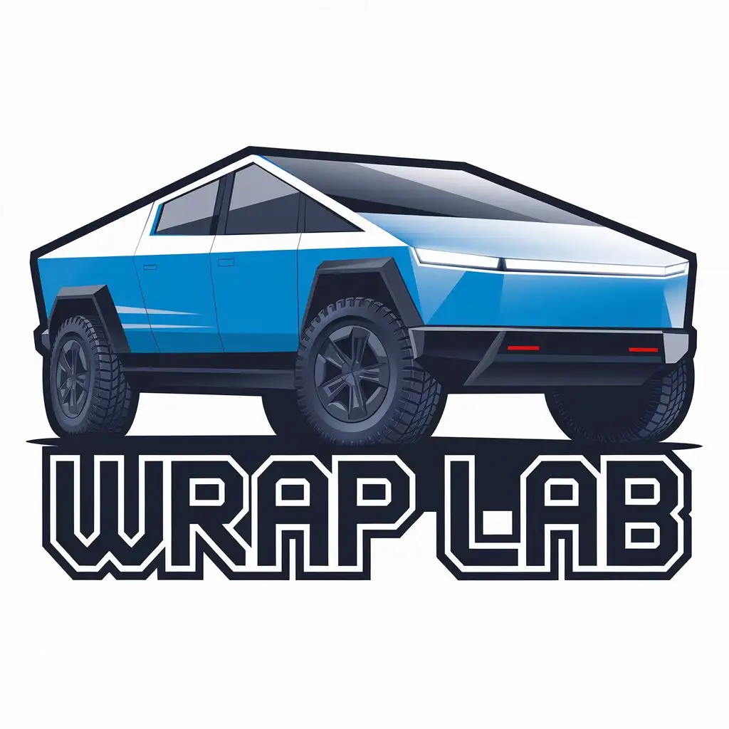 LOGO Design for Wrap Lab Bright Blue Tesla Cybertruck with Futuristic Font