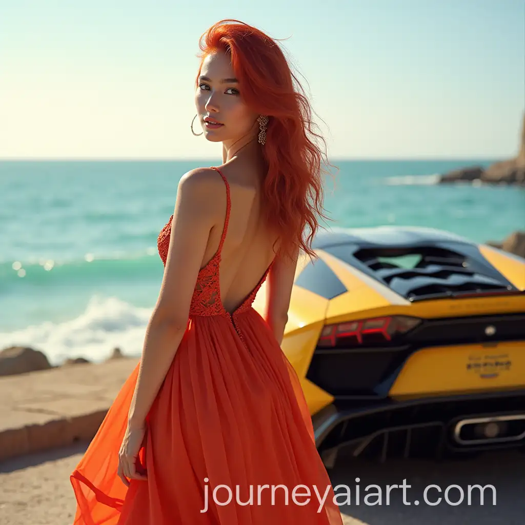 Beautiful-Girl-with-RedOrange-Hair-in-Stunning-Dress-Beside-Lamborghini-and-the-Sea