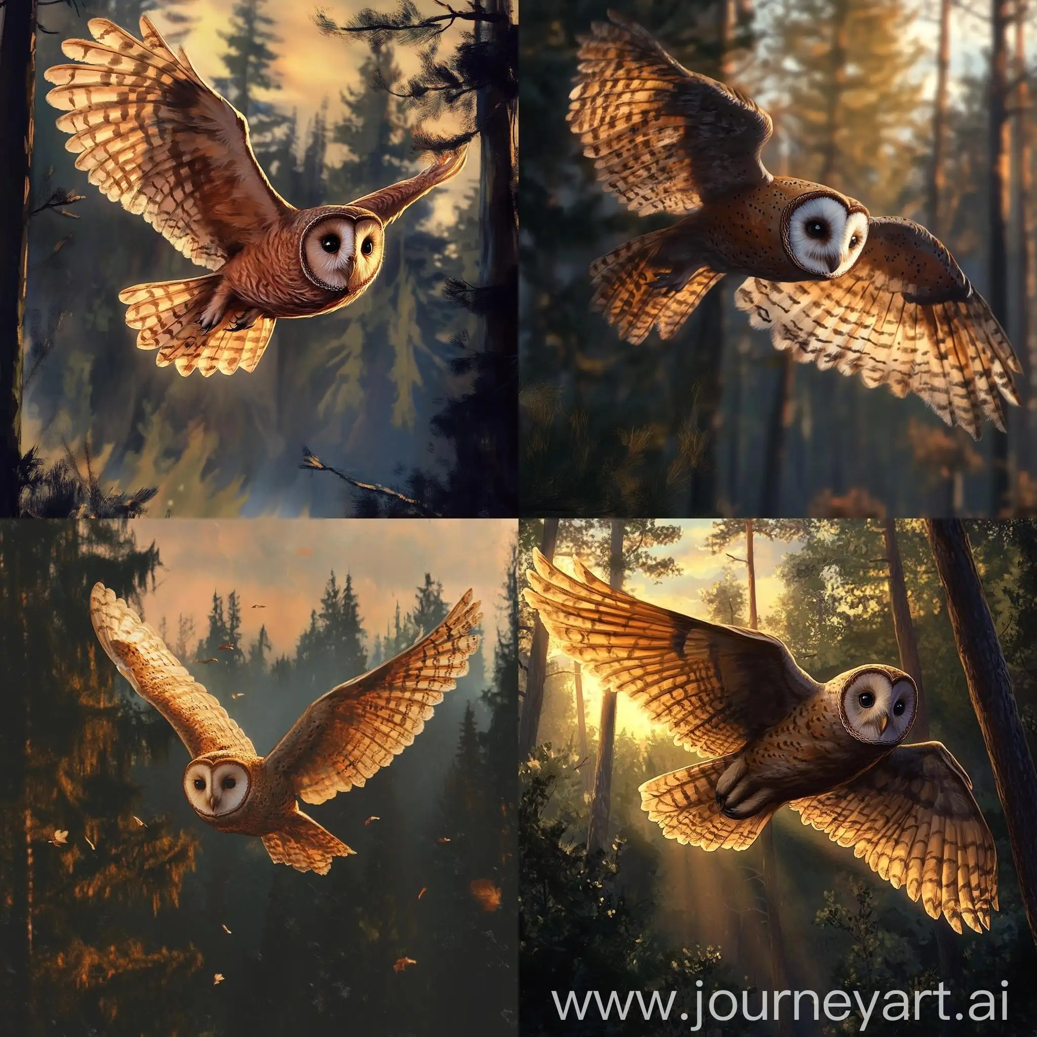 Realistic-Ginger-Owl-Flying-in-Evening-Forest-Scene