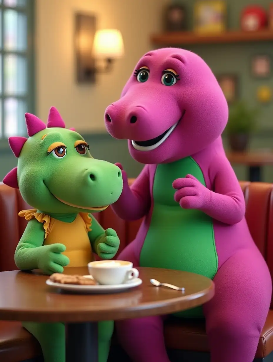 Baby Bop from Barney and her mom are sitting together at a coffee shop. Baby Bop is not eating or drinking anything. Baby Bop's mom who is also a dinosaur is drinking a cappuccino.