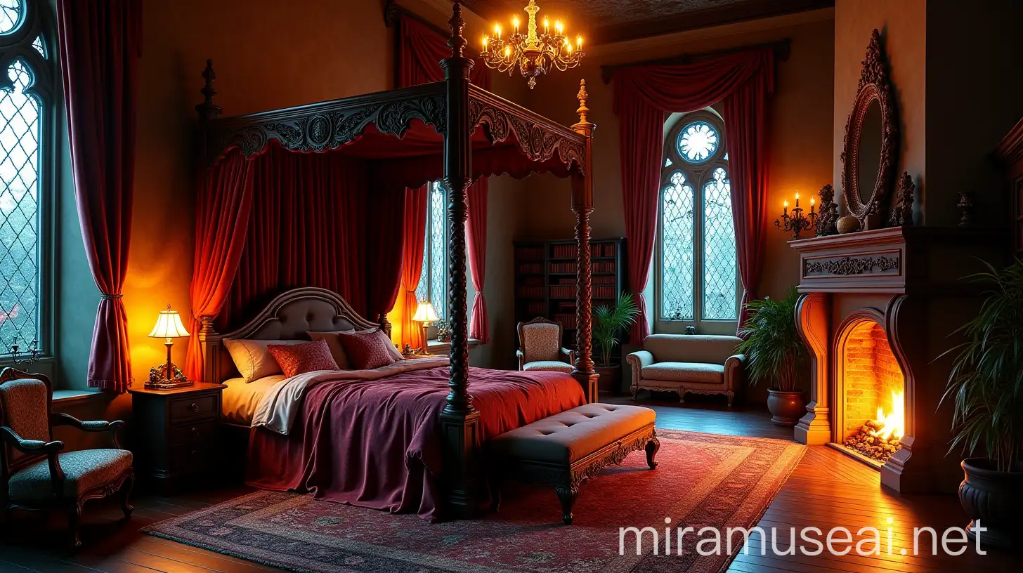 Opulent Gothic Castle Bedroom with FourPoster Bed and Stained Glass Windows