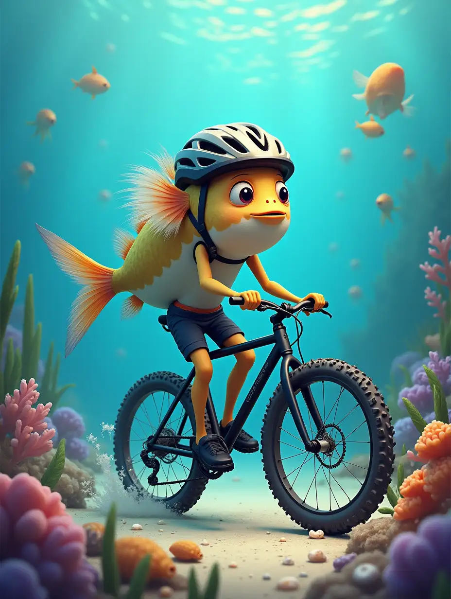 a fish on the bottom of the sea, surrounded by other fish, shells and jellyfish, rides a bicycle. He wears a helmet on his head and is wearing cycling shorts.