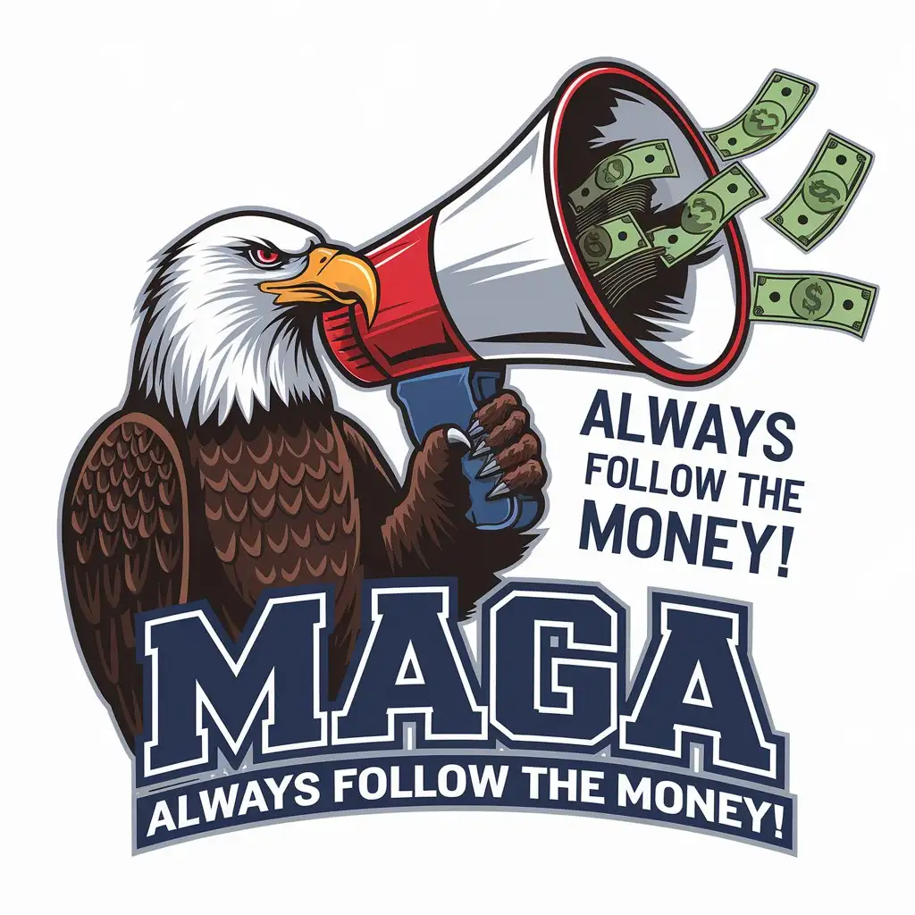 LOGO Design for MAGA American Bald Eagle with Red White Blue Megaphone and US Dollars Theme