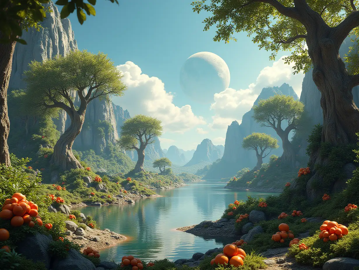Create for me a photorealistic image of Paradise on another planet with various fruit trees