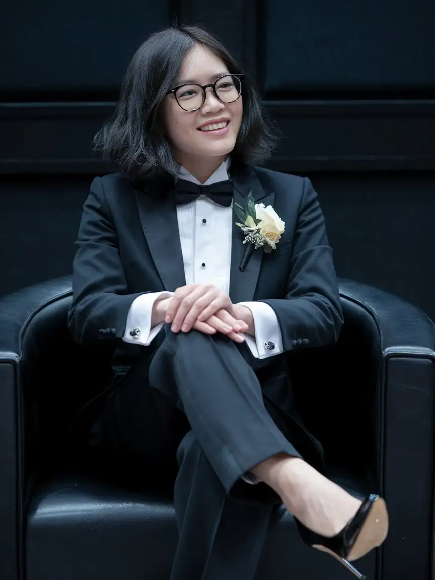 Elegant-Chinese-Woman-in-Tuxedo-Smiling-in-a-Dimly-Lit-Room