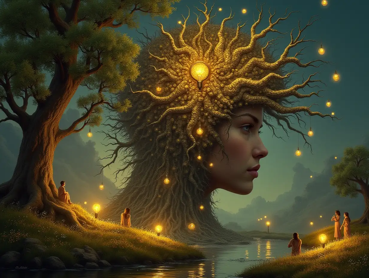 Creating a digital painting of a face with leuctkugel hair, that transforms into a building with gold stones and illuminated trees with golden roots and a river with floating light bulbs and lanterns and strange fairy creatures on a meadow