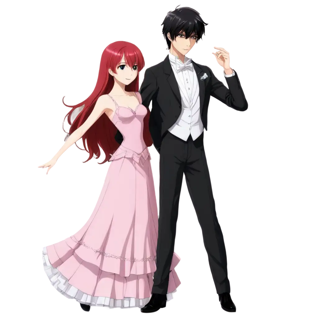 Red-Hair-Anime-Girl-in-Pink-Ball-Gown-Dancing-with-Dark-Hair-Anime-Boy-in-Tuxedo-PNG-Image-for-HighQuality-Graphics