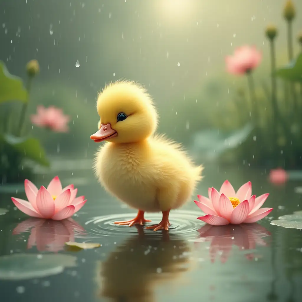 Fluffy-Duckling-in-Rainy-Lotus-Pond-Surrounded-by-Blossoms