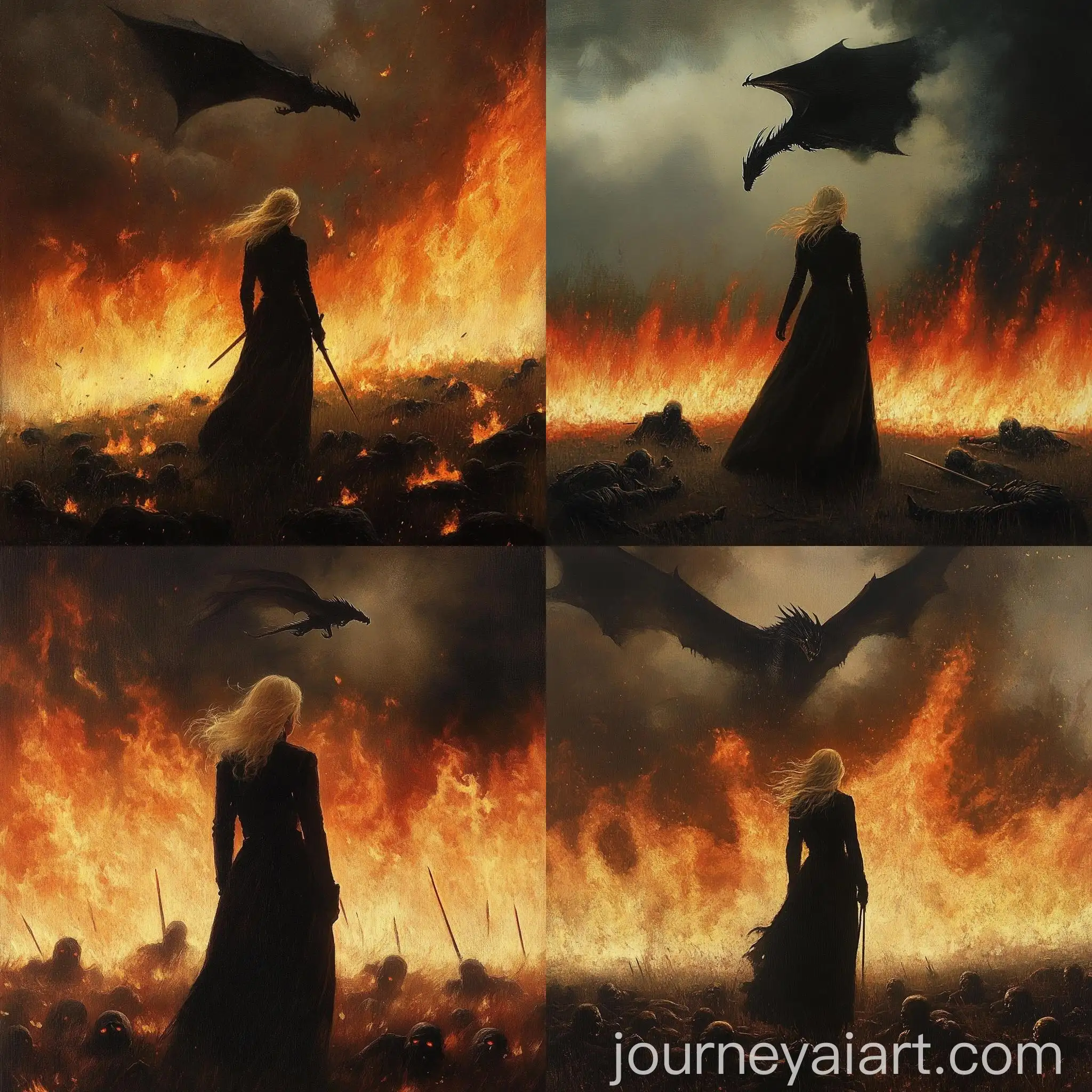 Blonde-Woman-with-Black-Dragon-in-Fiery-Battle-Scene