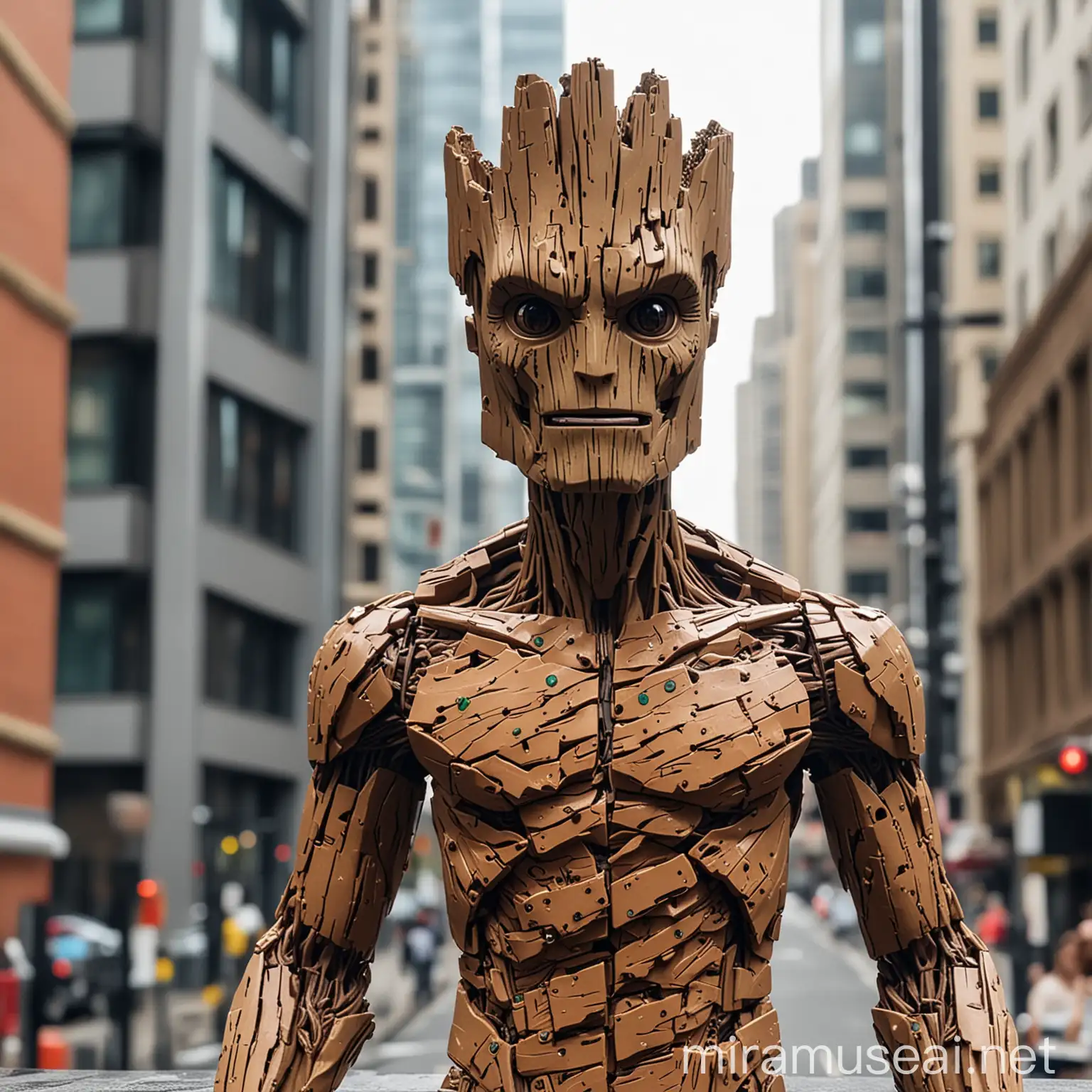 Lego Groot Statue in Urban City Setting