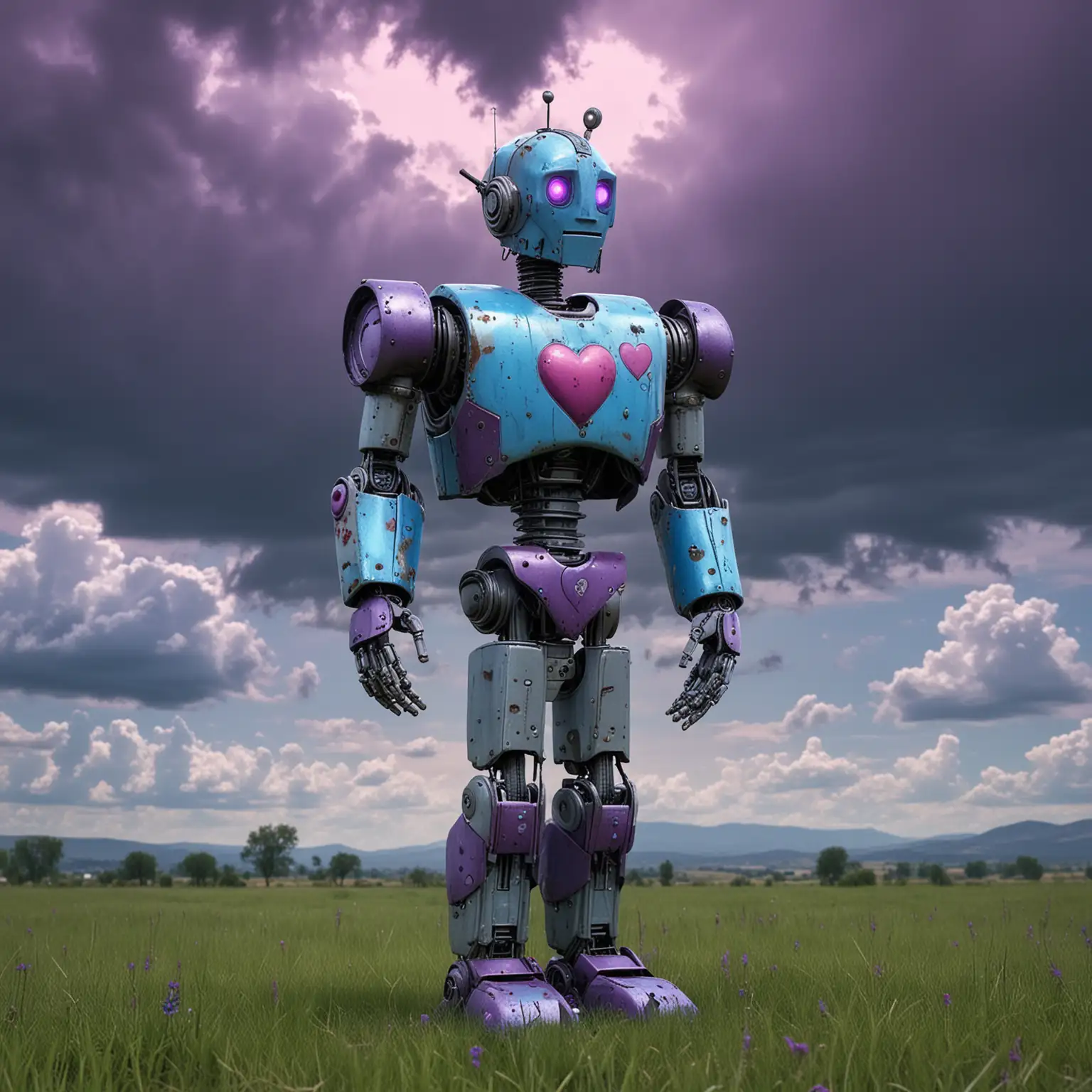 Dramatic Skies 1990s Style Robot with Heart on Pasture