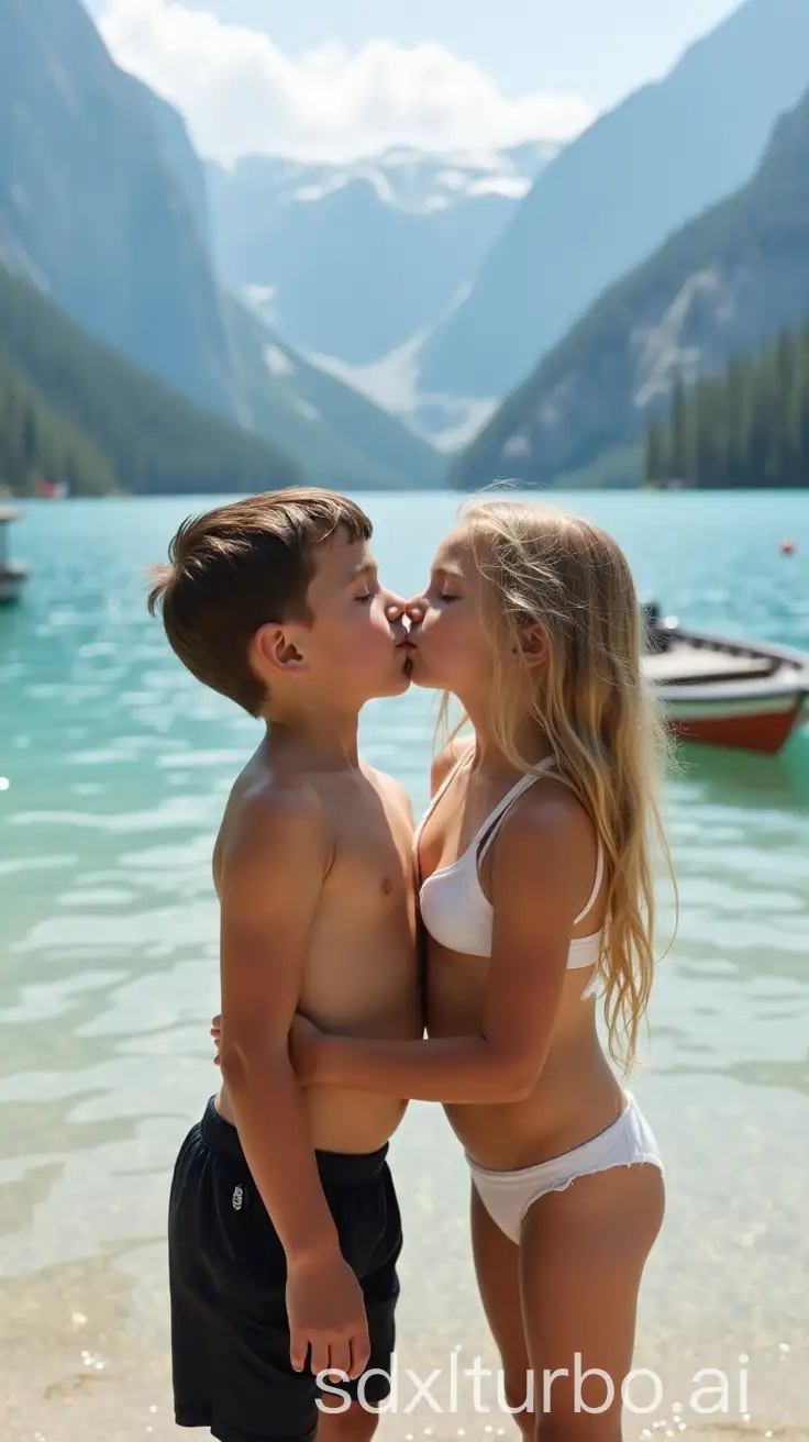 Children-Sharing-a-Sweet-Moment-by-the-Lakeside-with-Boats-and-Mountains