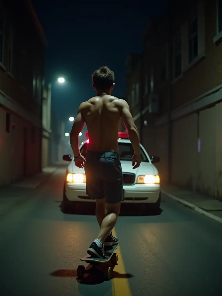 Young-Man-Skateboarding-in-Dark-Alley-with-Police-Pursuit