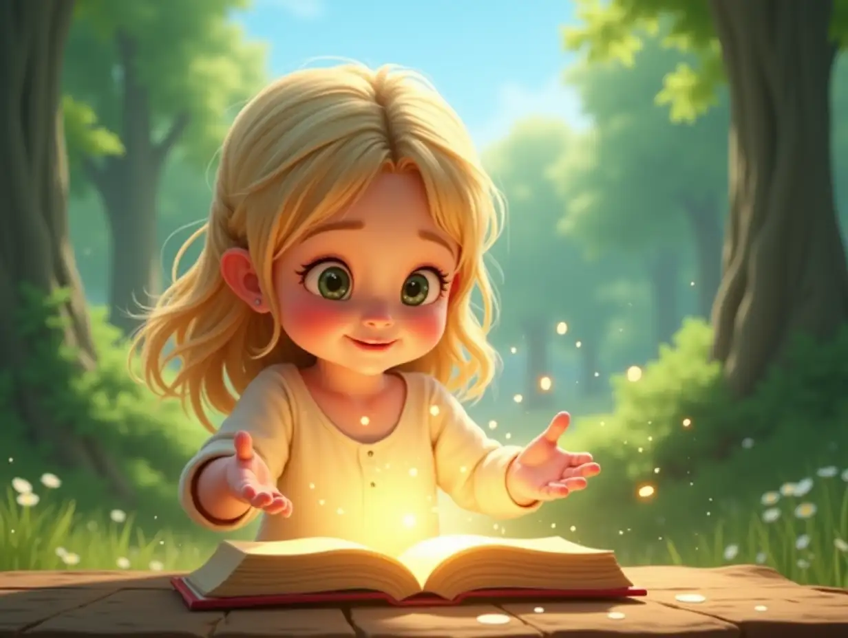 A two-year-old girl. Blond hair. Arms extended in front of her. Palms open. A book surrounded by soft light and a halo of glow on her palms. An atmosphere of magic, with soft light around creating a fairy tale mood. In the background - a bright green forest and clear blue sky. Pixar style.