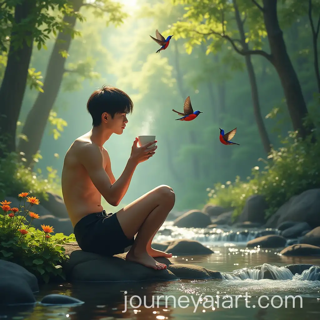 Young-Korean-Man-Enjoying-Coffee-in-Forest-Stream-with-Colorful-Birds