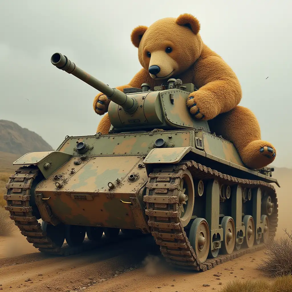 tank crushes teddy bear