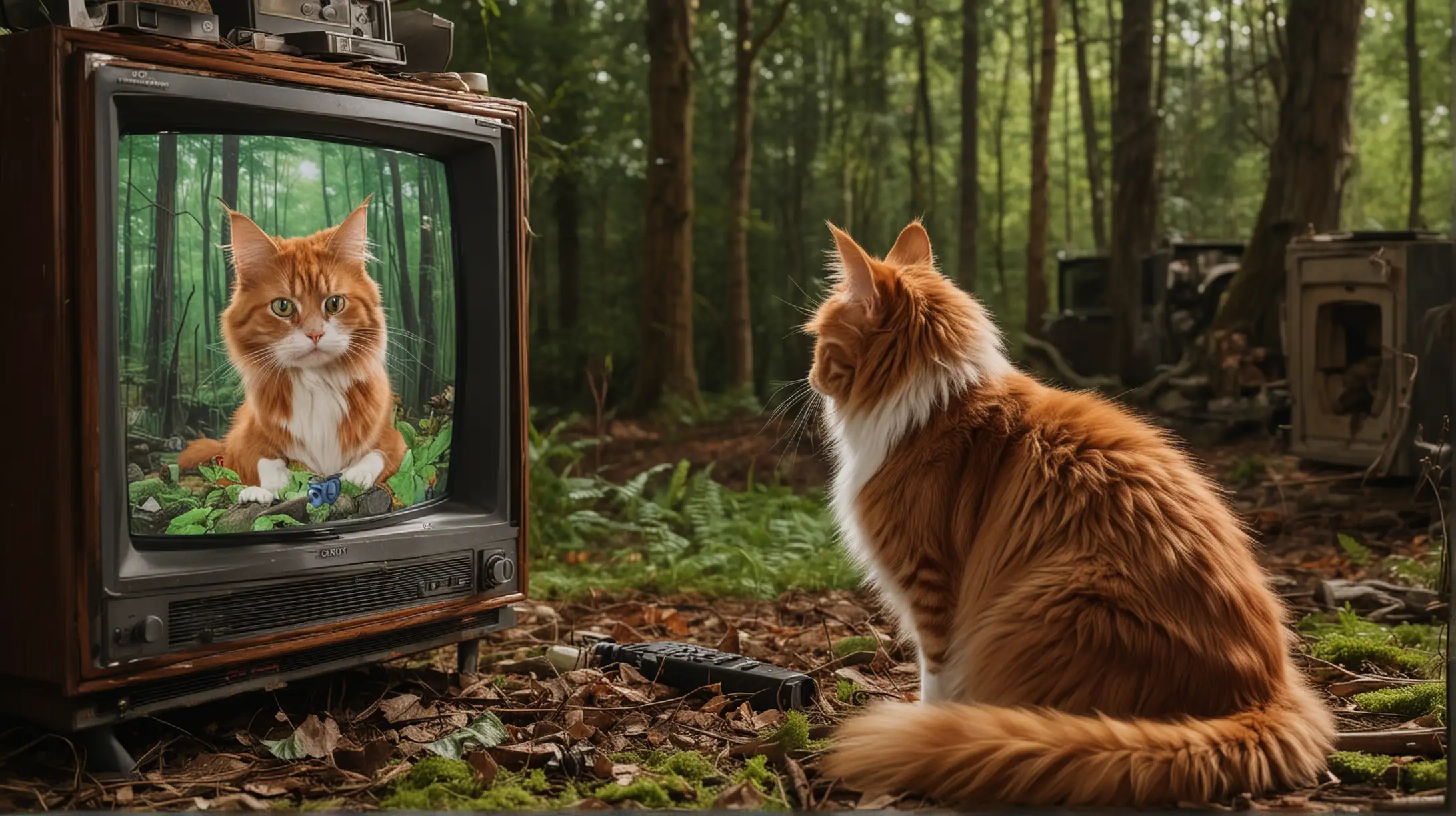 Maine Coon Cat Watching Tom Jerry on Old Sony TV in Forest Setting