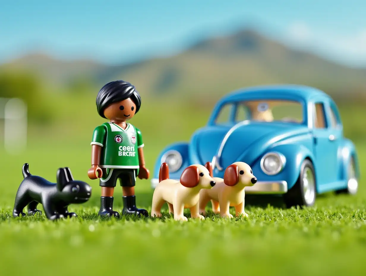 A Playmobil set, with a short-haired black boy wearing the Tenerife football shirt, a small black dog, two Jack Russells, and a blue Volkswagen Beetle, on the grass of a football field