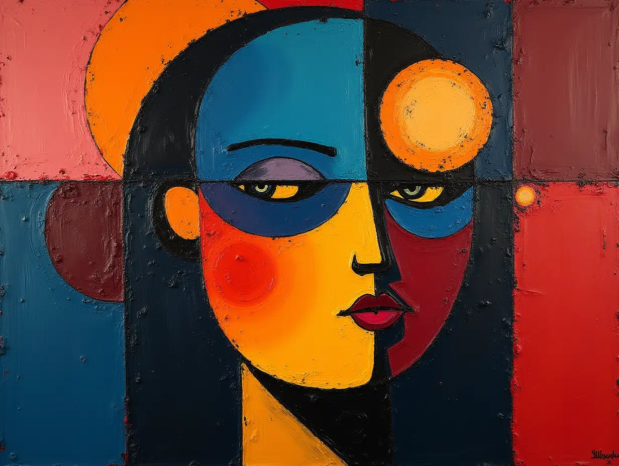 user_prompt: Picture in a grid, stripe, primitively schematic portrait of the planet's face, darkness in the style of Kandinsky, Malevich, minimalism, simplify for beginner artist acrylic many colors, constructivism abstract art