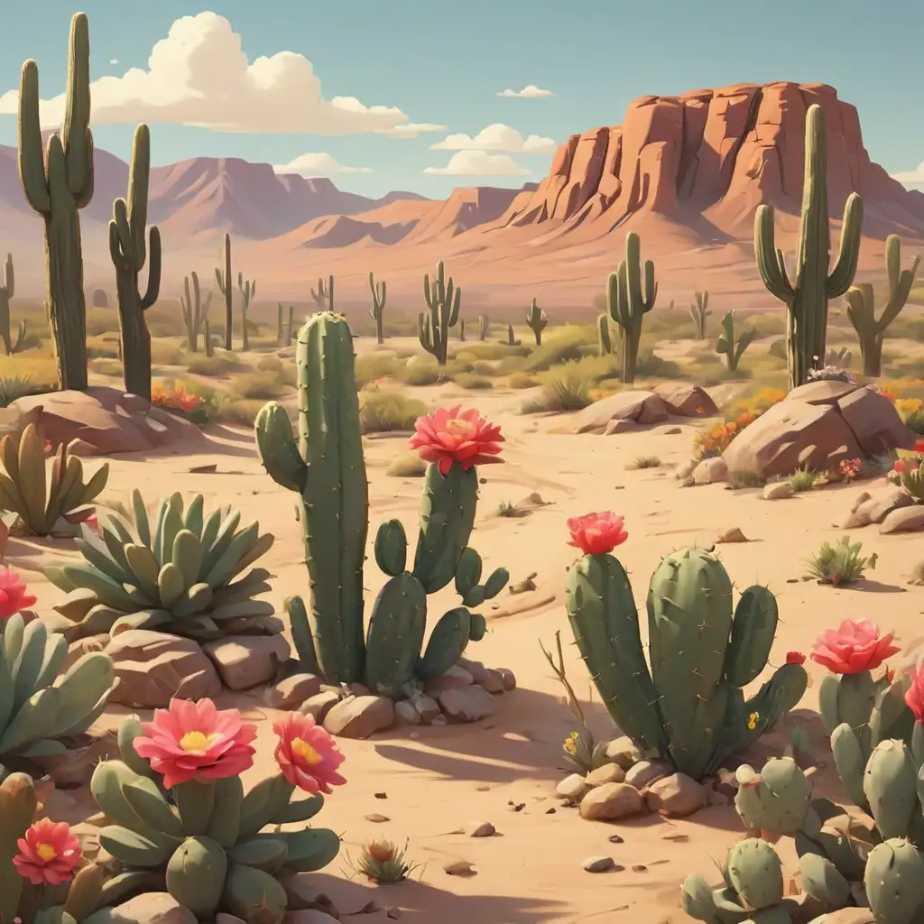 Cartoon Desert Landscape with Cactus and Flowers