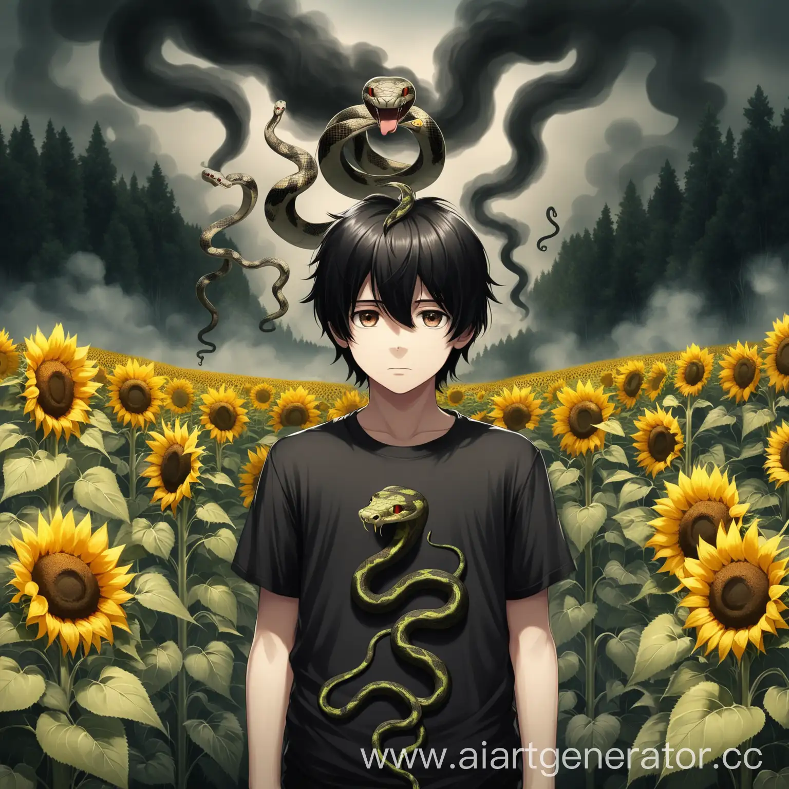 Young-Boy-with-Brown-Eyes-and-Snake-TShirt-in-Sunflower-Field