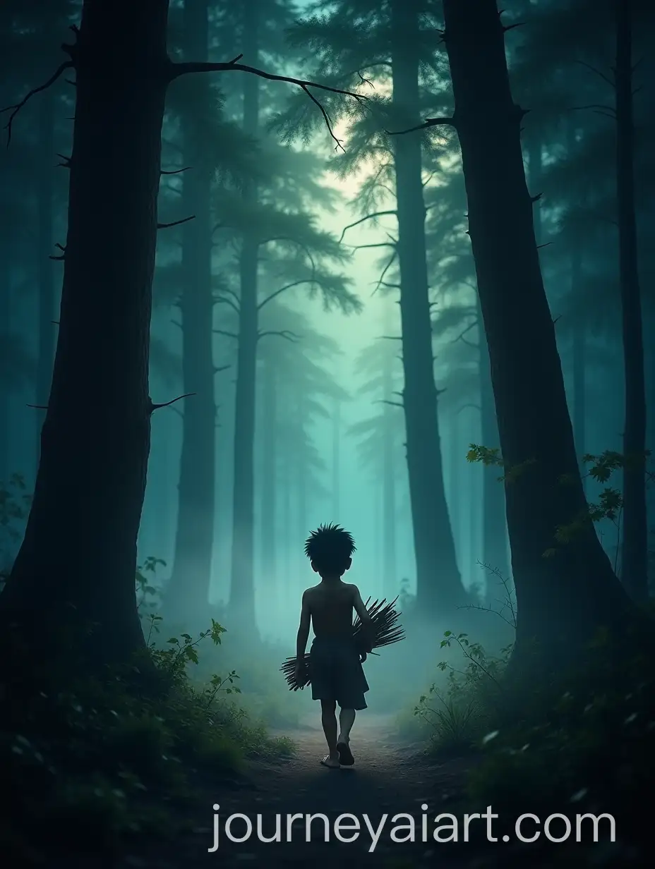 Curious-Boy-in-Eerie-Twilight-Forest-with-Mist-and-Glowing-Light