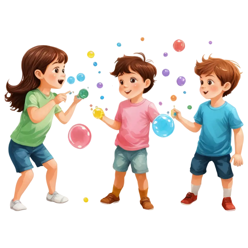 Colorful-Cartoon-2D-PNG-Image-of-Children-Playing-and-Blowing-Bubbles