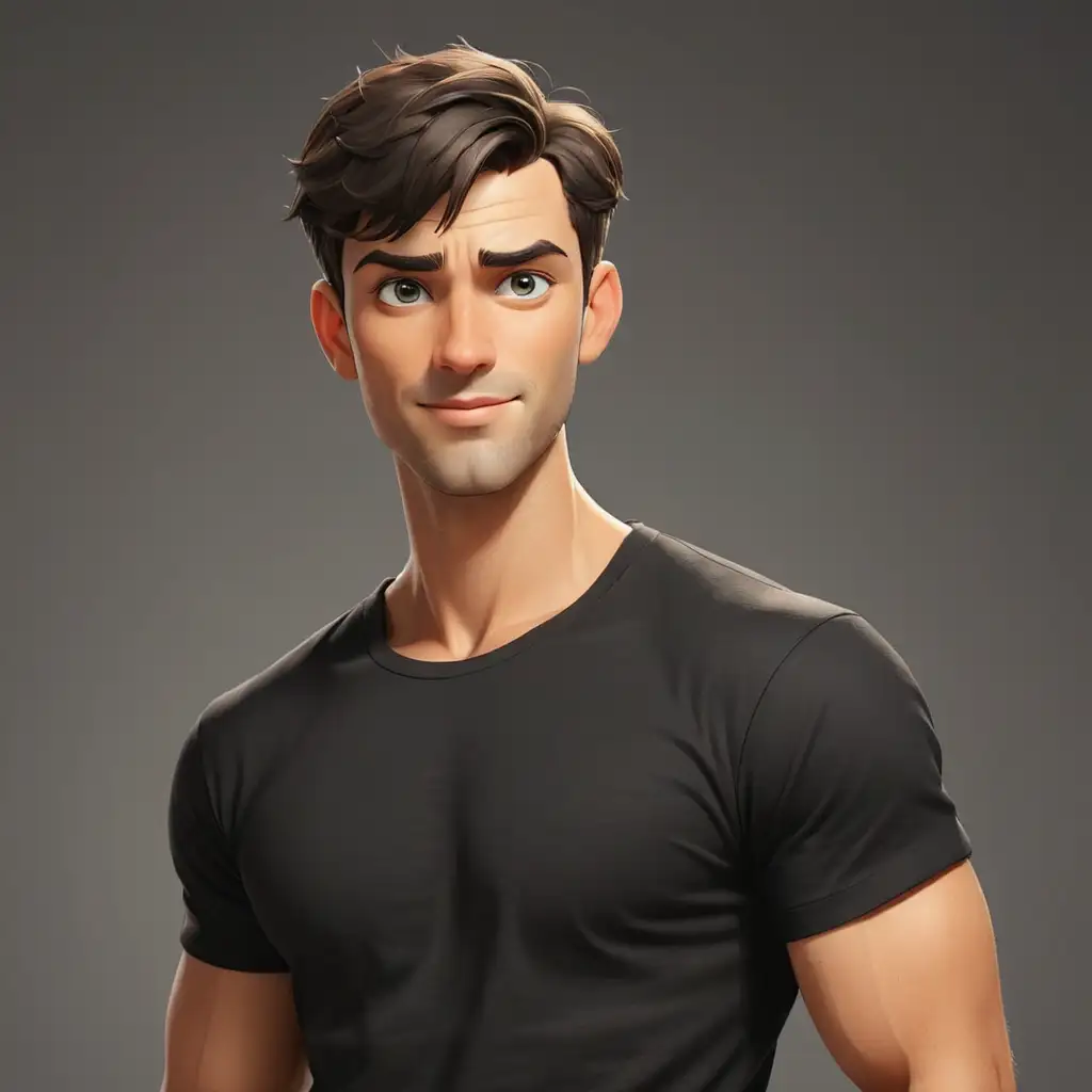 cartoon handsome sexual satisfied man in black t-shirt with short hair