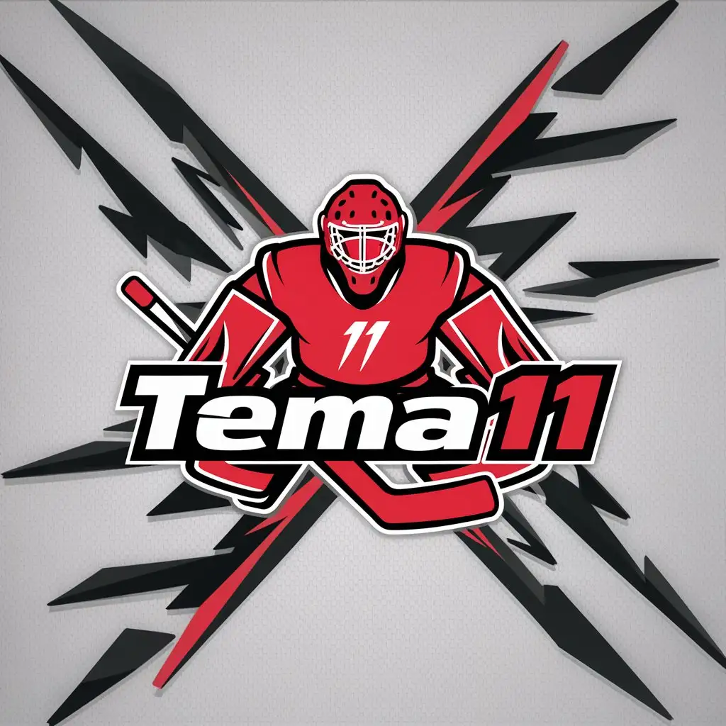 a logo design,with the text "Tema11", main symbol:Hockey goalie in red with number 11 on chest, around lightning,complex,be used in Sports Fitness industry,clear background