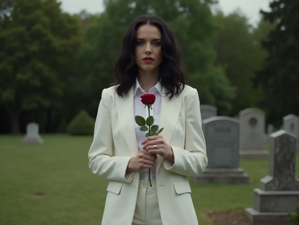 Teagan-Croft-as-Lucifers-Female-Vessel-in-White-Suit-Holding-a-Rose-Outside-Graveyard