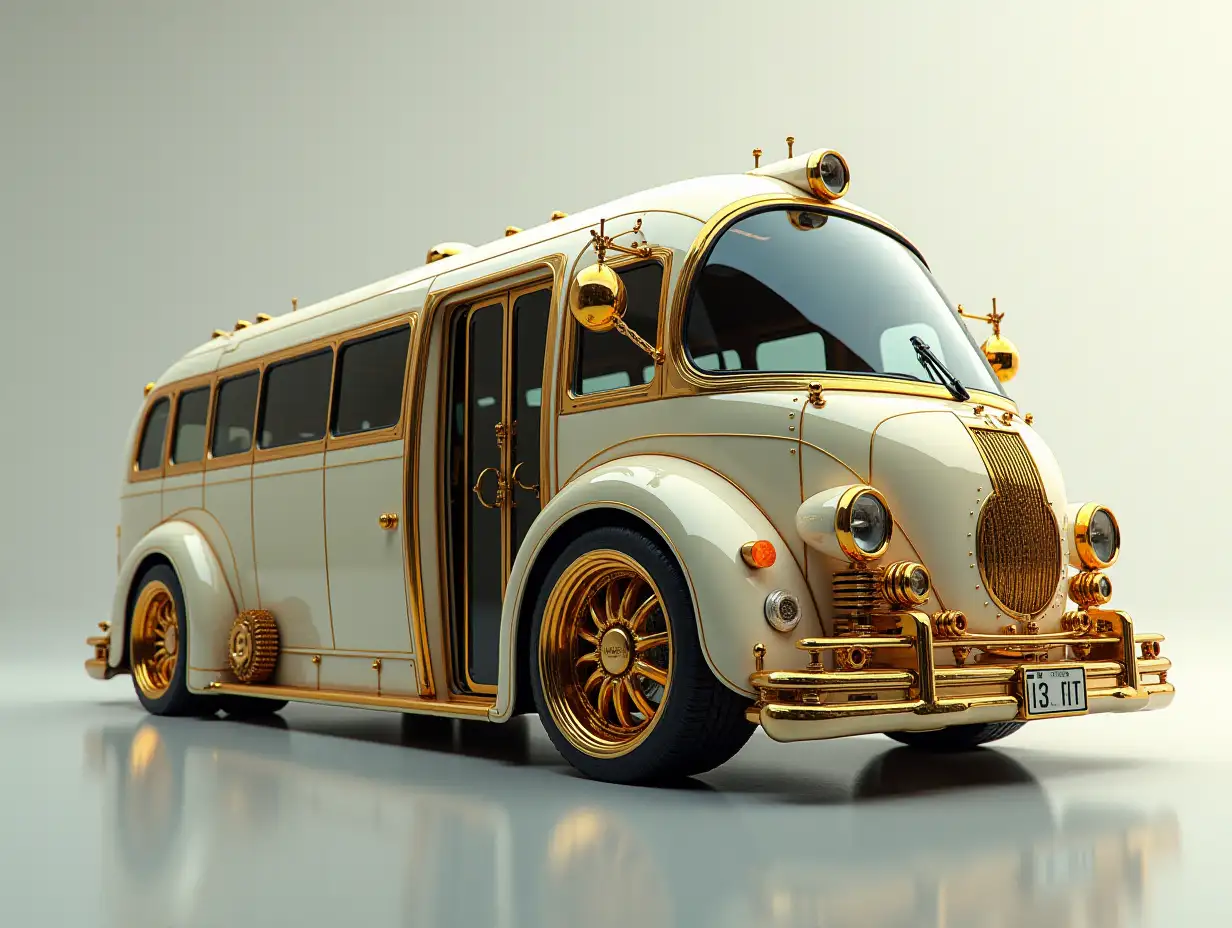 Supermodern utopian sports Omnibus with gears, lowered body, 18-inch rims, aluminum wheels, Creamy Gold, Cyberpunk.