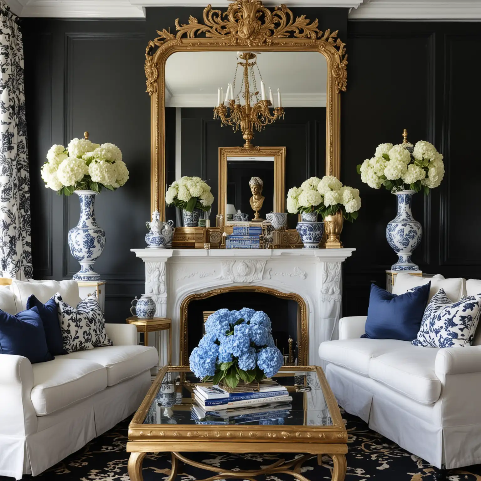 Elegant Traditional Living Room with Black Walls and Chinoiserie Accents