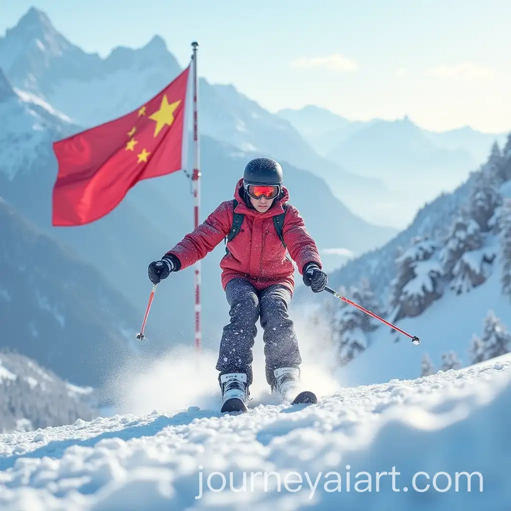 Determined-Chinese-Skier-Leaping-from-SnowCapped-Peak