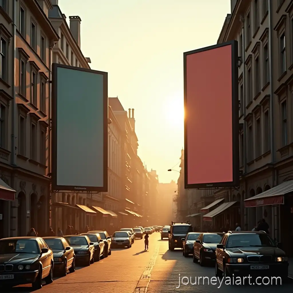Historic-European-City-Street-with-Modern-Billboards-in-Golden-Afternoon-Light