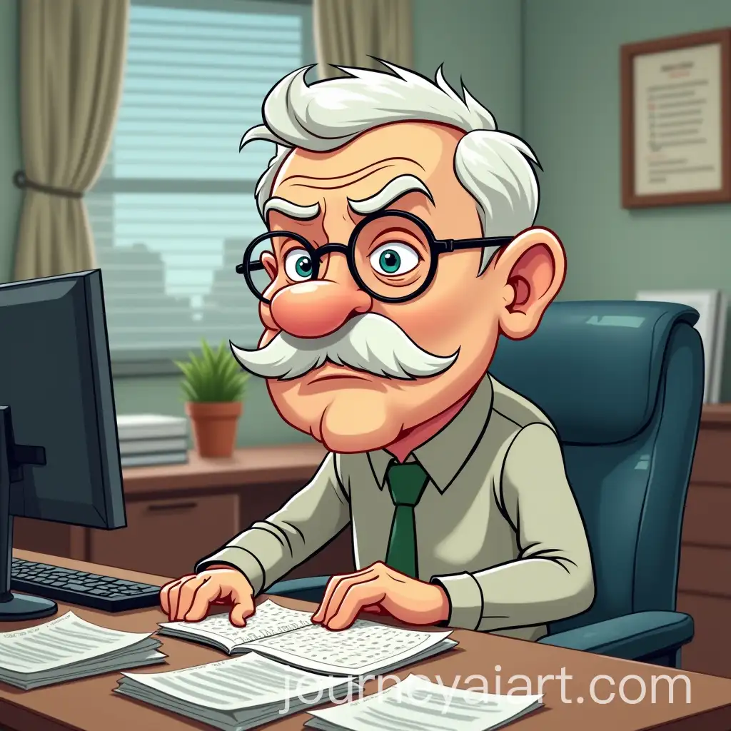 Stressed-Old-Man-in-Office-with-Papers-and-Computer-in-Cartoon-Style