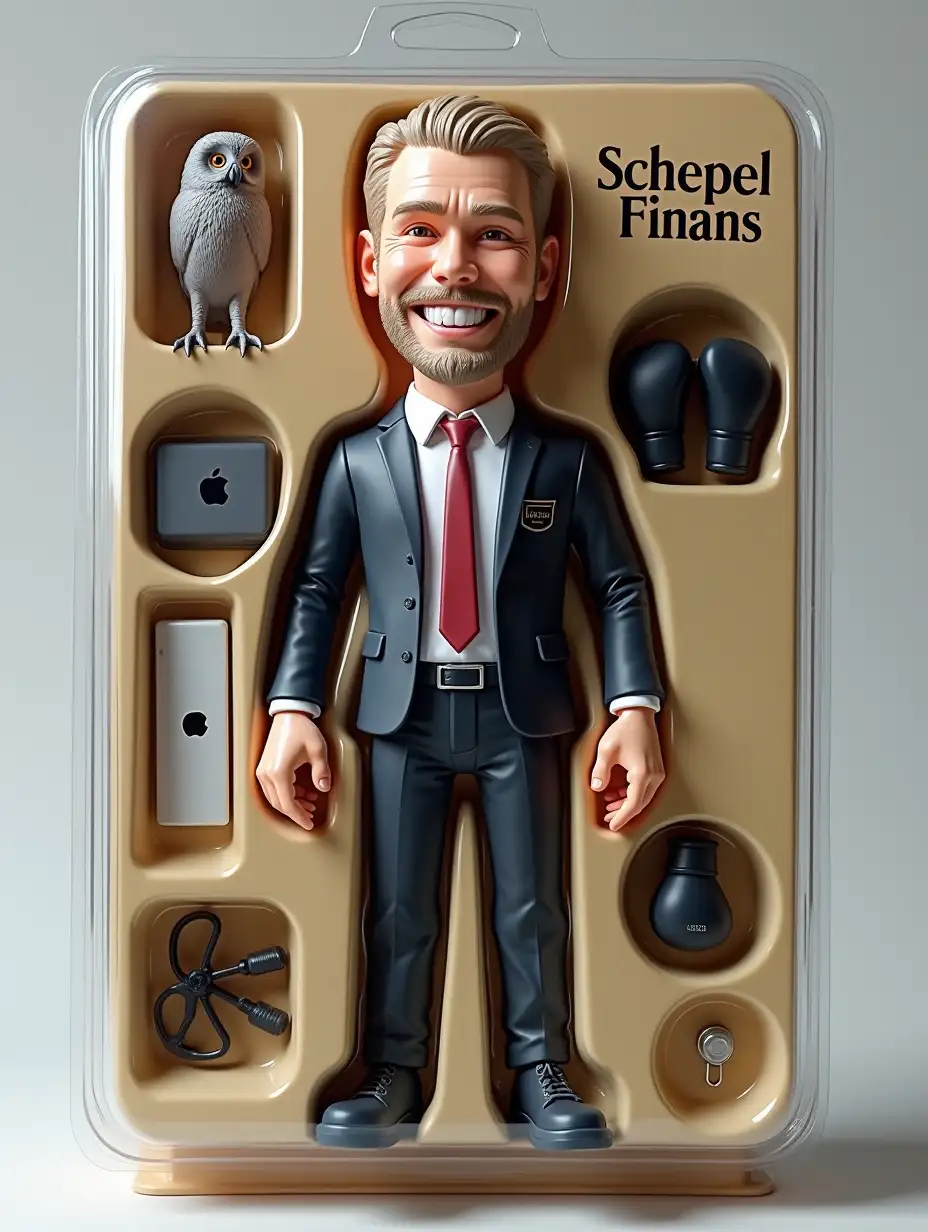 Use this my photo to create your own figure in blister packaging, in the style of a premium class collectible figurine. The figure should be standing and grinning casually, brutally. The blister package should have a header with text '[Schepel_Finans]', written in capital letters, and a subtitle '[All about credits and real estate🤙]' below it. Place the accessories in compartments to the side of the drawing: [Gray-brown Owl, apple laptop, black boxing gloves].