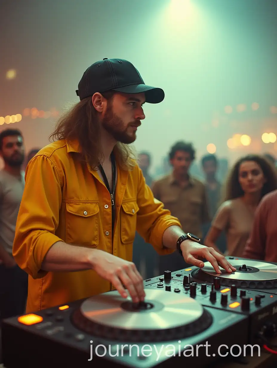 Futuristic-Disk-Jockey-with-GalaxyColored-Smoke-on-Platform