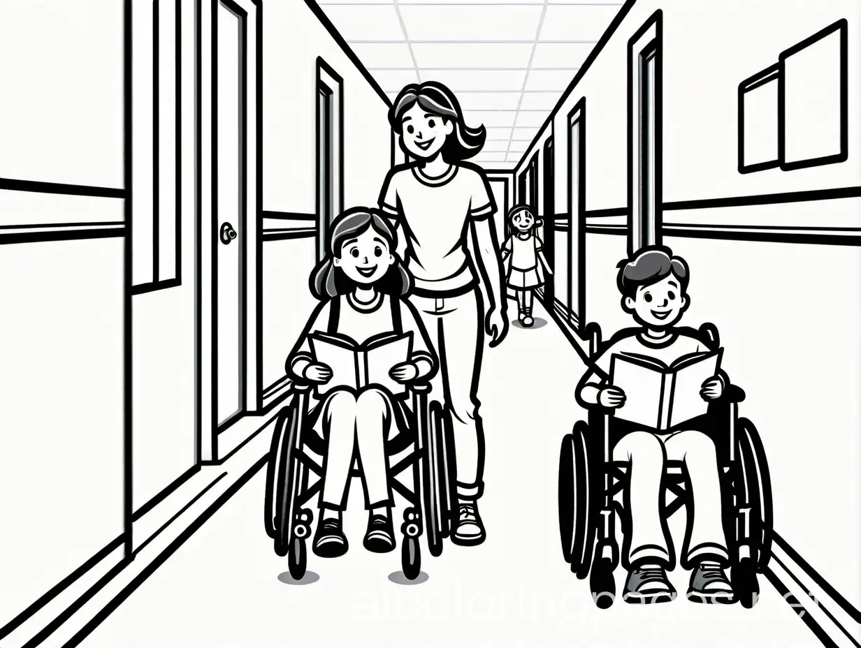 7YearOld-Girl-in-Wheelchair-Surrounded-by-Friends-in-School-Hallway