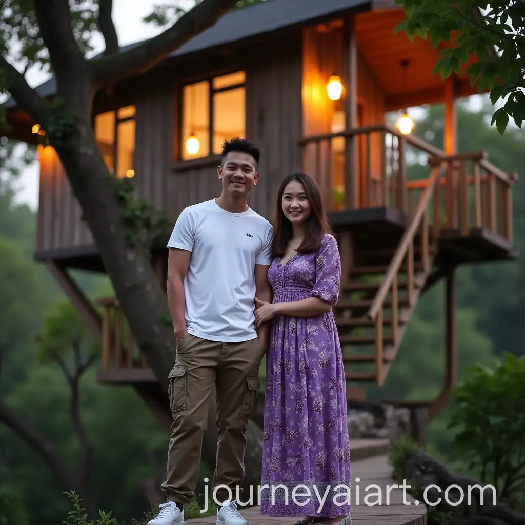 Couple-Smiling-on-a-Tree-House-at-Sunset-with-Bokeh-Effect